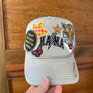 Custom Patchwork Trucker Hat with Tiger & 'MAMA' Patch- grey hat- like new